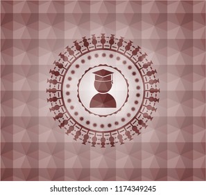 graduation icon inside red badge with geometric pattern. Seamless.