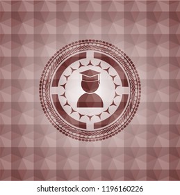 graduation icon inside red emblem with geometric pattern. Seamless.