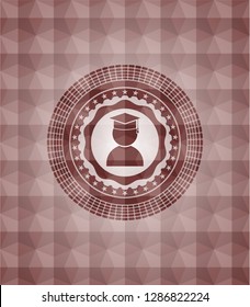 graduation icon inside red emblem or badge with abstract geometric polygonal pattern background. Seamless.