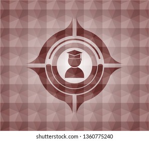graduation icon inside red emblem with geometric pattern. Seamless.