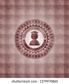 graduation icon inside red emblem or badge with abstract geometric polygonal pattern background. Seamless.