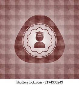 graduation icon inside red emblem with geometric pattern background. Seamless. 