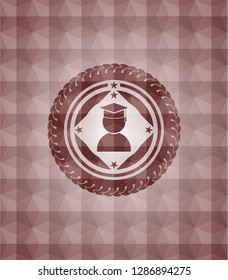 graduation icon inside red geometric pattern emblem. Seamless.