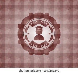 graduation icon inside red geometric pattern emblem. Seamless. 