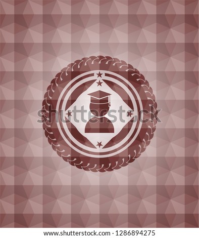 graduation icon inside red geometric pattern emblem. Seamless.