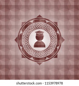 graduation icon inside red seamless geometric emblem.