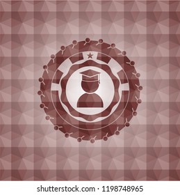graduation icon inside red seamless emblem with geometric pattern.