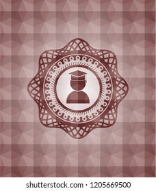 graduation icon inside red seamless geometric pattern emblem. Seamless.