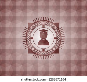 graduation icon inside red seamless badge with geometric background.