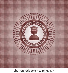 graduation icon inside red seamless emblem with geometric pattern.
