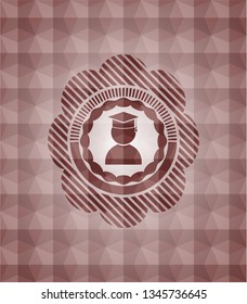 graduation icon inside red seamless emblem with geometric background.