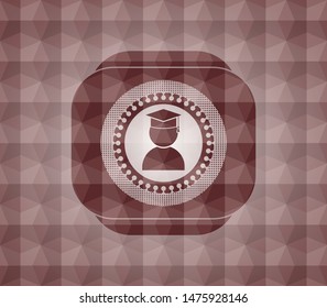 graduation icon inside red seamless badge with geometric pattern.