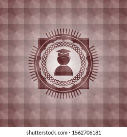 graduation icon inside red seamless emblem with geometric pattern background.