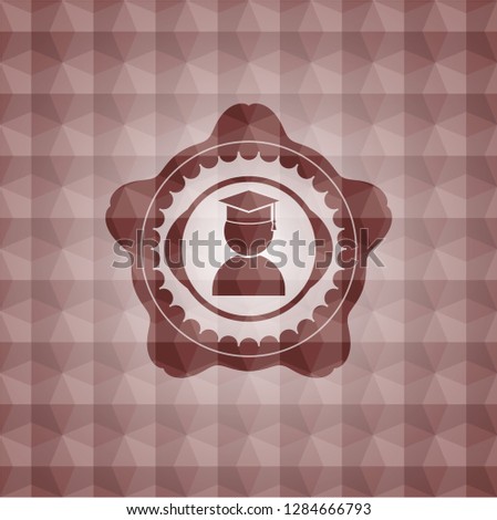 graduation icon inside red seamless geometric emblem.