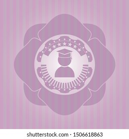 graduation icon inside retro pink emblem