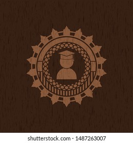graduation icon inside retro style wooden emblem