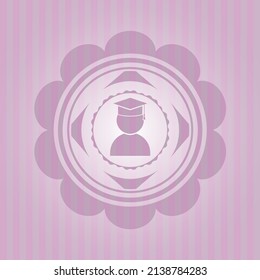 graduation icon inside retro style pink emblem. Detailed design. 