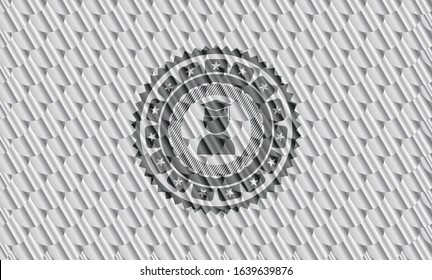 graduation icon inside silver color badge or emblem. Scales pattern. Vector Illustration. Detailed.