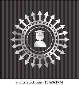 graduation icon inside silver emblem or badge