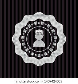 graduation icon inside silver emblem or badge