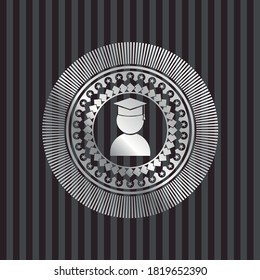 graduation icon inside silver shiny emblem. 