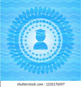 graduation icon inside sky blue water wave badge.