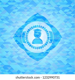 graduation icon inside sky blue emblem with triangle mosaic background
