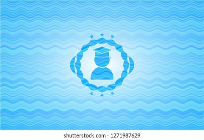graduation icon inside sky blue water wave style badge.