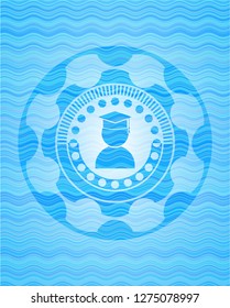 graduation icon inside sky blue water wave style badge.