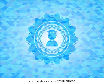 graduation icon inside sky blue emblem with mosaic ecological style background