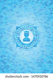 graduation icon inside sky blue emblem with triangle mosaic background