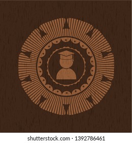graduation icon inside vintage wood emblem