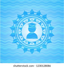 graduation icon inside water wave emblem background.