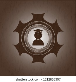 graduation icon inside wooden emblem. Retro