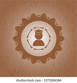 graduation icon inside wooden emblem. Vintage.