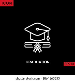 graduation icon with mortarboard and certificate outline, line, lineal or linear on black background. Illustration for graphic, print media interfaces and web design.