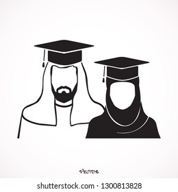 Graduation Icon. Muslim woman and Man  with graduation cap on their head. black icon isolated on white background.