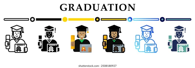 Graduation icon on banner web icons collection. 6 Various style icons. For sign, symbol, element, presentation, infographic or web graphics. Vector Illustration.