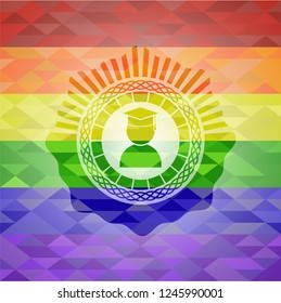 graduation icon on mosaic background with the colors of the LGBT flag
