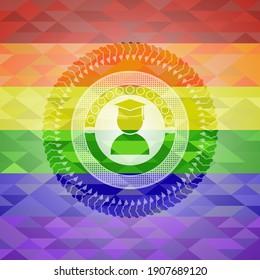 graduation icon on mosaic background with the colors of the LGBT flag. 