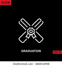 Graduation icon outline, line, lineal or linear on black background. Illustration for graphic, print media interfaces and web design.