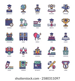 Graduation Icon pack for your website, mobile, presentation, and logo design. Graduation Icon filled color design. Vector graphics illustration and editable stroke.