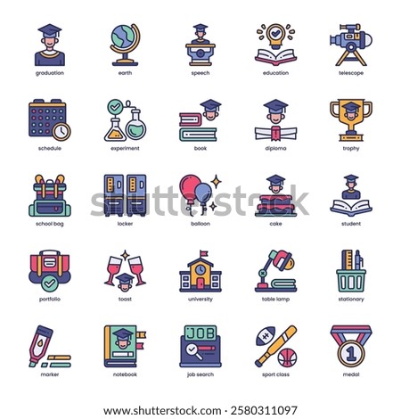 Graduation Icon pack for your website, mobile, presentation, and logo design. Graduation Icon filled color design. Vector graphics illustration and editable stroke.