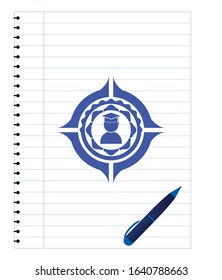 graduation icon pen effect. Blue ink. Vector Illustration. Detailed.