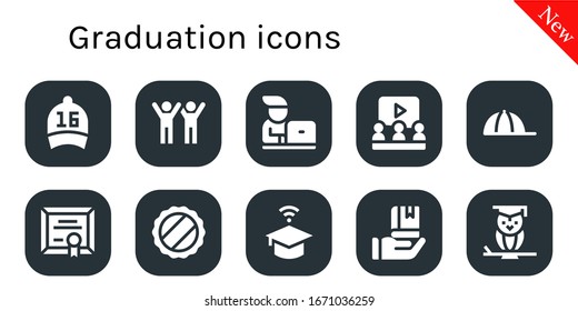 graduation icon set. 10 filled graduation icons. Included Cap, Success, Student, Learning, Diploma, University, Education, Wisdom icons