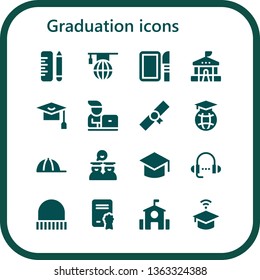 graduation icon set. 16 filled graduation icons.  Collection Of - School, Learning, Dissection, Mortarboard, Student, Diploma, Education, Cap, Graduates, Graduation, Lesson, University