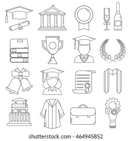 Graduation icon set of celebration elements in outline design. Man and woman graduate in hats and celebrating education party line art objects. Graduation award thin line icons collection.