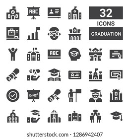 graduation icon set. Collection of 32 filled graduation icons included Graduation hat, Success, School, College, University, Student, Diploma, Blackboard, Education