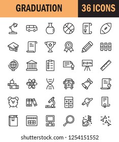 Graduation icon set. Collection of high quality outline education pictograms in modern flat style. Black diploma symbol for web design and mobile app on white background. School line logo.