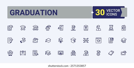 Graduation icon set. Contains such icons as education, master, knowledge, diploma, school, certificate, achievement, learning. Icons for UI. Vector line and solid icons.